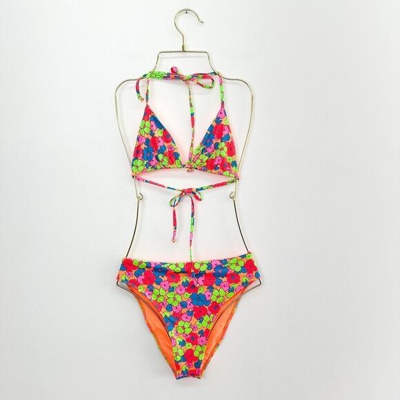 Frankies Bikinis Groovy Floral Jenna High Waist High Cut and Nick String Triangl - Picture 1 of 13